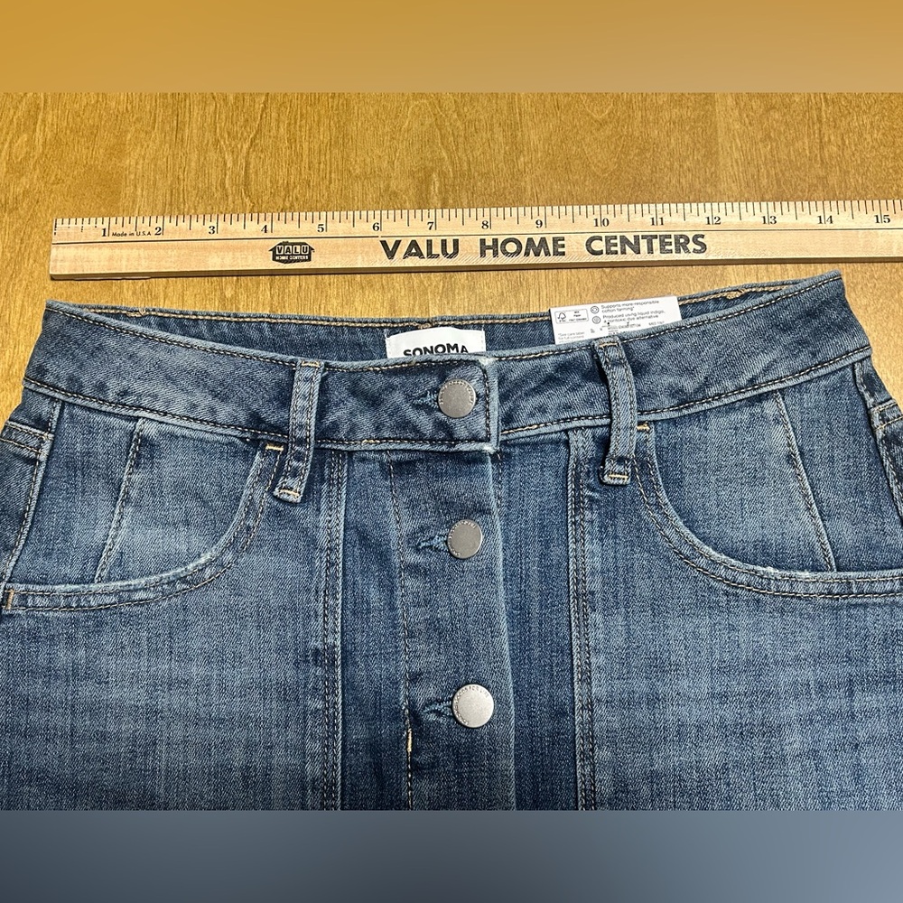 Blue Denim Button Down High Rise A-Line Skirt w/ pockets - Picture 3 of 10